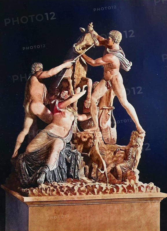 Historical image of The Farnese Bull, Toro Farnese, formerly in the Farnese collection in Rome, is a massive Roman copy of a Hellenistic sculpture, Naples, Italy/Historical image of The Farnese Bull, formerly in the Farnese collection in Rome, is a massive novel elaborated copy of a Hellenistic sculpture, Naples, Italy, historical, digitally restored reproduction of an original original from the 19th century, accurate original date not known, colored later