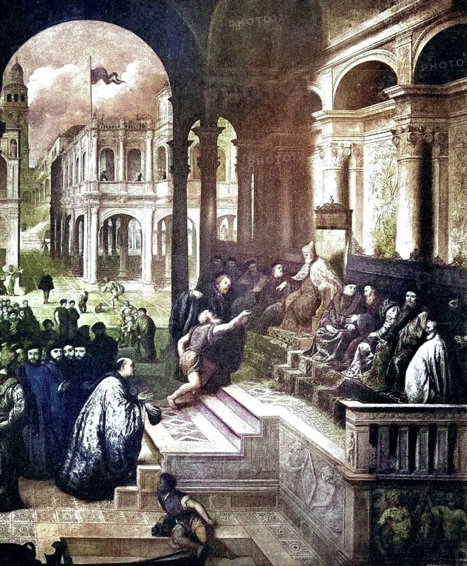 Historisches Foto (ca 1880) von Der Fischer vor dem Dogen von Venezia, Venedig, Gemälde von Paris Bordone, Italien / Historical photo of The fisherman in front of the doge of Venezia, Venice, painting by Paris Bordone, Italy, Historical, digitally restored reproduction of an original from the 19th century, exact original date unknown, subsequently coloured