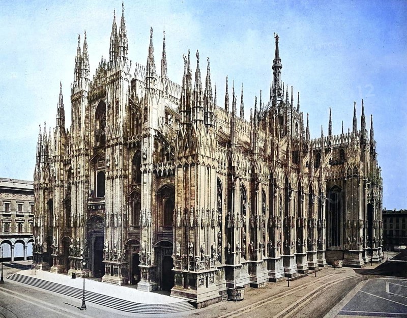 Historisches Foto (ca 1880) des Miländer Doms, Duomo di Milano, Italien / Historical photo of Milan Cathedral, Italy, Historic, digitally restored reproduction of an original from the 19th century, exact original date unknown, subsequently coloured