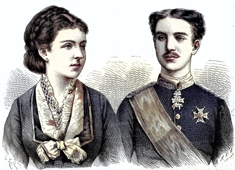Maria de las Mercedes de Orleans y Borbon, 1860 - 1878 and Alfonso XII 1857 - 1885, Alfonso Francisco de Asýs Fernando Pýo Juan Marýa de la Concepcion Gregorio Pelayo de Borbon y Borbon. Queen and King of Spain/Maria de las Mercedes de Orleans y Borbon, 1860 - 1878 and Alfonso XII. Queen and King of Spain, historical, digitally restored reproduction of an original model from the 19th century, exact original date not known, subsequently colored