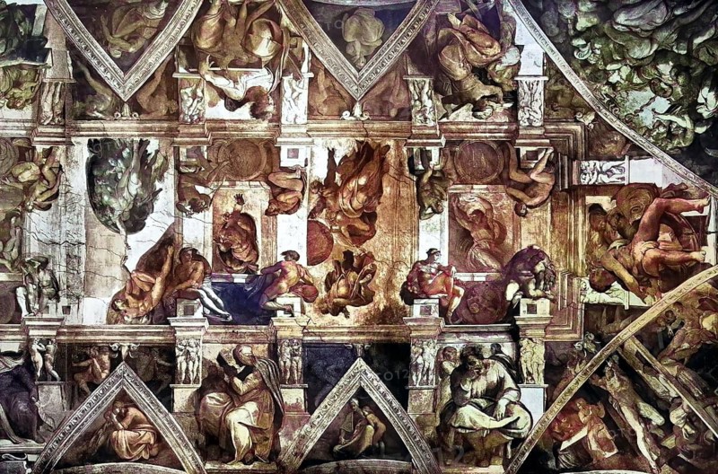 Historical image of A section of the Sistine Chapel ceiling, Vatican, Rome, Italy/Historical image of A section of the Sistine Chapel ceiling, Vatican, Rome, Italy, historical, digitally restored reproduction of an original model from the 19th century, exact original date not known, subsequently colored