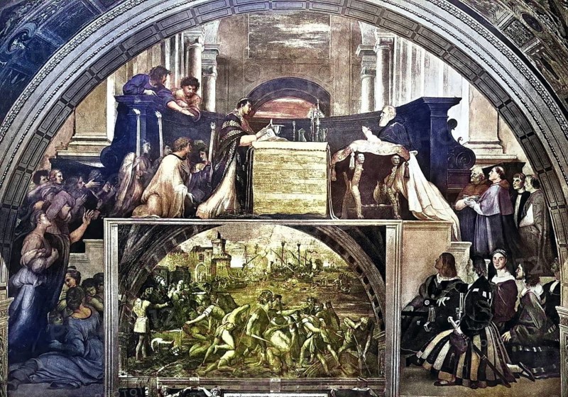 Historisches Foto (ca 1880) des Wunders von Bolsena, von Raphäl, Staat Vatikanstadt oder Staat der Vatikanstadt, Stato della Citta del Vaticano, Rom, Italien / Historical photo of the miracle of Bolsena, by Raphäl, Vatican City State or the State of Vatican City, Rome, Italy, Historical, digitally restored reproduction of an original from the 19th century, exact original date unknown, subsequently coloured