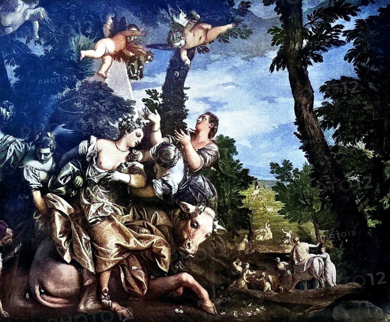 Historisches Foto (ca 1880) von Die Vergewaltigung der Europa, griechische Mythologie, Gemälde von Paolo Veronese, Italien / Historical photo of The Rape of Europa, Greek mythology, painting by Paolo Veronese, Italy, Historical, digitally restored reproduction of an original from the 19th century, exact original date unknown, subsequently coloured