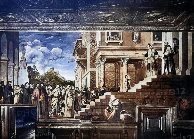 Historisches Foto (ca 1880) des Besuchs von Maria, Maria Magdalena, im Tempel, Gemälde von Tizian, Venedig, Venezia, Italien / Historical photo of the visit of Maria, Mary Magdalene, in the temple, painting by Titian, Venice, Italy, Historical, digitally restored reproduction of an original from the 19th century, exact original date unknown, subsequently coloured