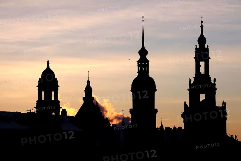 View of the old town of Dresden, castle and court church, winter evening, Dresden, Saxony, Germany