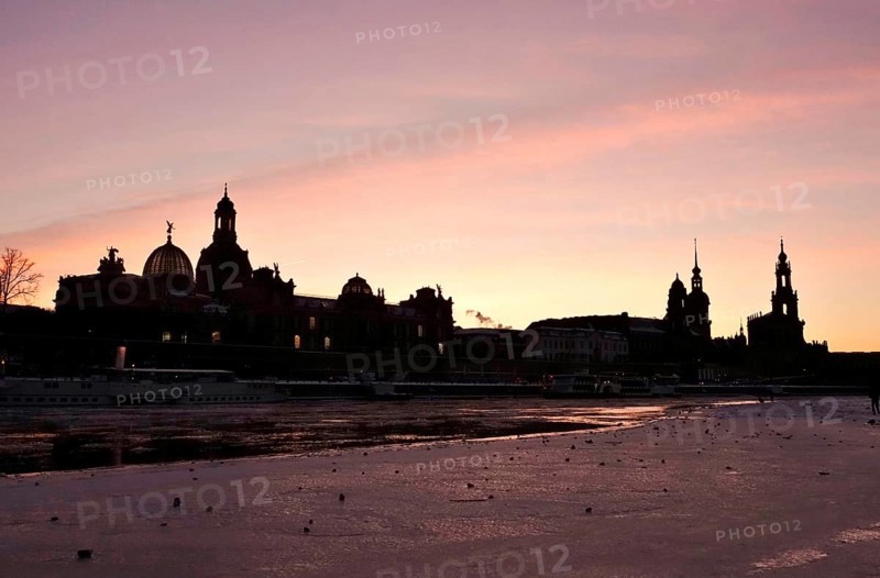 Dresden on a winter evening, Elbe, Church of Our Lady, Palace and Court Church, Saxony, Germany
