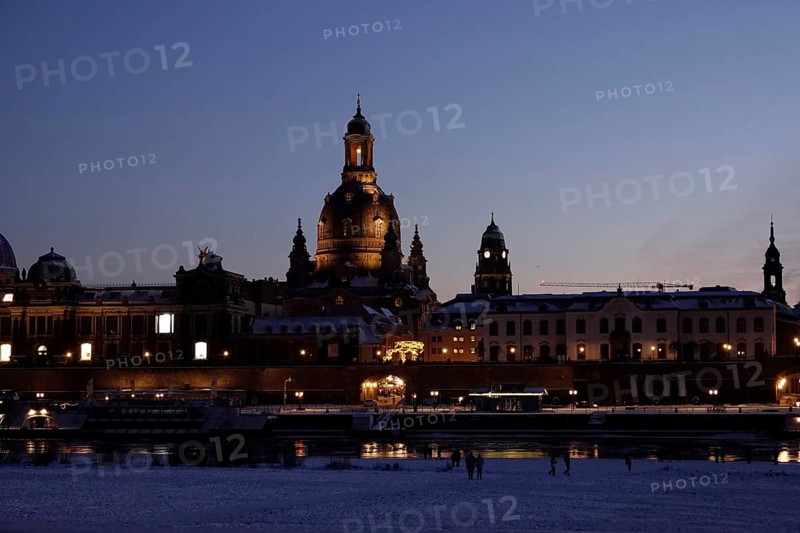 Dresden on a winter evening, Elbe, Church of Our Lady, Saxony, Germany