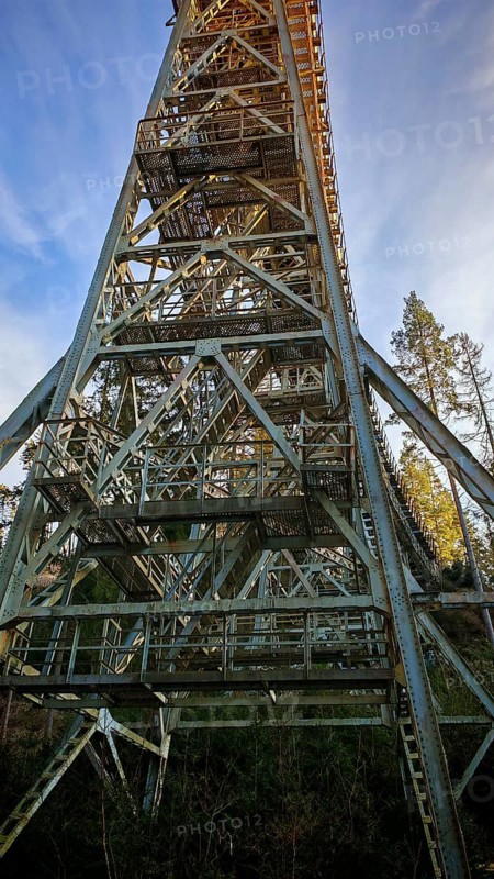 Vertical view of a high metal bridge, old railroad bridge, in front of a bright blue sky, Ziemestalbrücke, Thuringian Forest