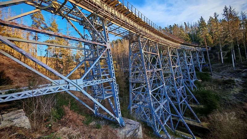 Side view of an extended metal bridge, old railroad bridge leading through a forest, Ziemestalbrücke, Thuringian Forest