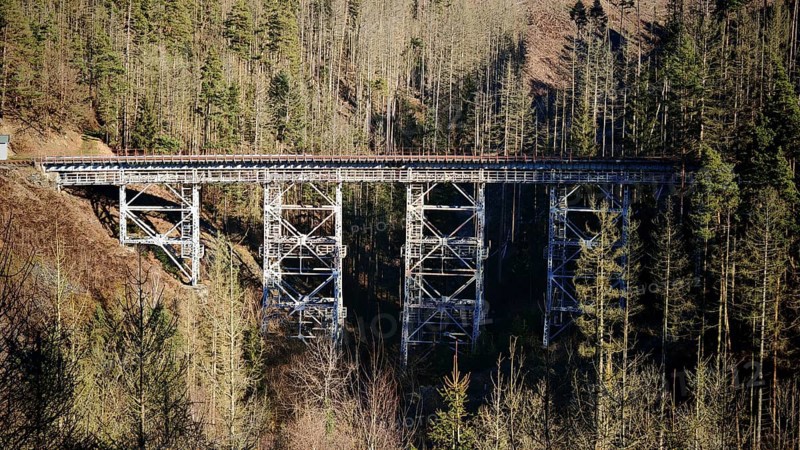Old metal railway bridge surrounded by a thick forest in sunlight, Ziemestalbrücke, Thuringian Forest
