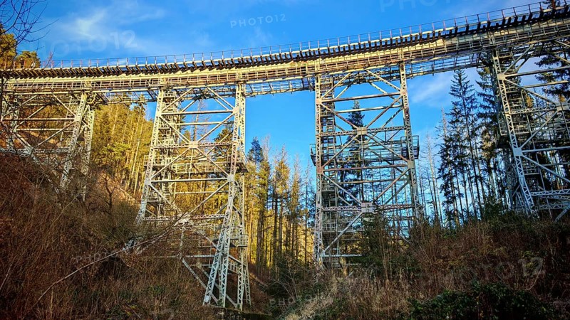 Towering metal bridge old railway bridge over a forest, illuminated by the sun, Ziemestalbrücke, Thuringian Forest