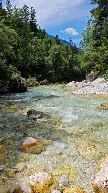 A clear river flows through a forest with rocks, illuminated by the sun, Soca Valley, Slovenia