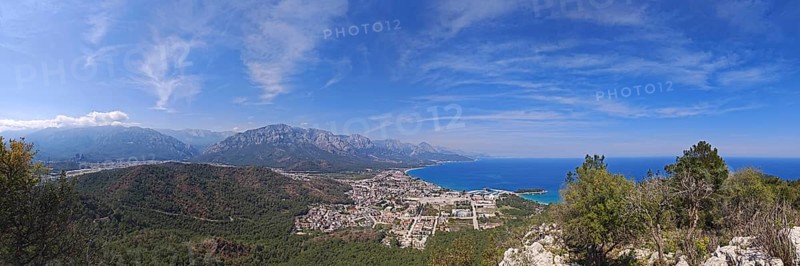 Far-reaching view of a coastal town with mountains and sea, panorama, Kemer, Lycia, Turkey