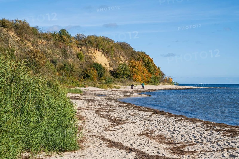 Beach and cliffs, people on the beach, autumn, Lobbe, Mönchgut, Rügen, island, Baltic Sea, Mecklenburg-Western Pomerania, Germany
