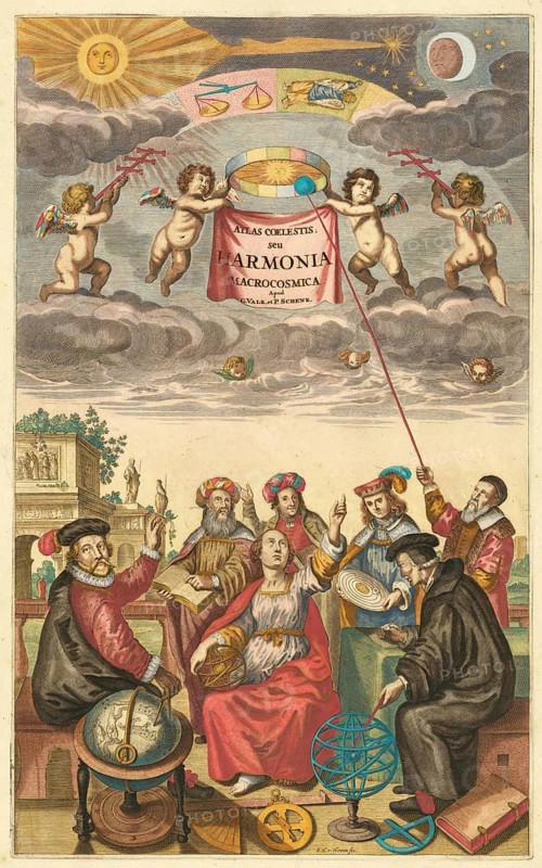 Title page of Atlas Coelestius, seu Garmonica Macrocosmica, a star atlas by the English astronomer John Flamsteed, published posthumously in 1729. It is considered one of the most important star atlases of the 18th century and the first comprehensive sky atlas based on telescopic observations, authentic, digitally restored reproduction from a 19th century original, exact date of presentation unknown, historical