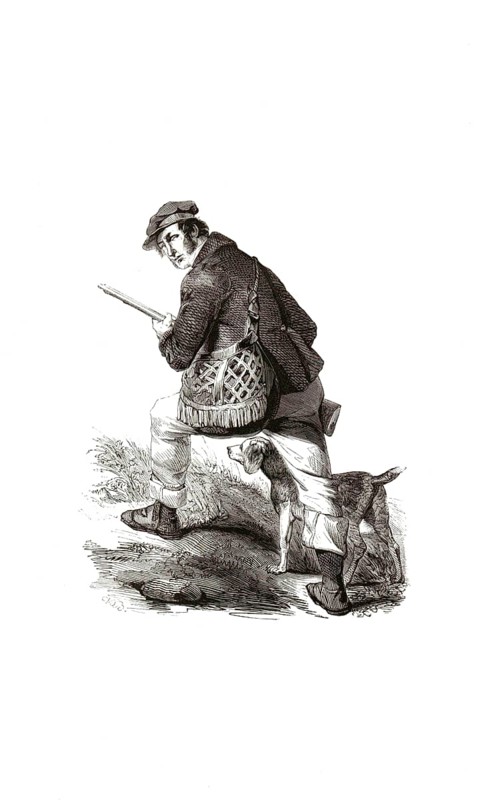 Types from Holland around 1841, De Jager en de Polsdrager, The Hunter and the Pulbearer, Netherlands, authentic, digitally restored reproduction from a 19th century model, exact date of depiction unknown, historical