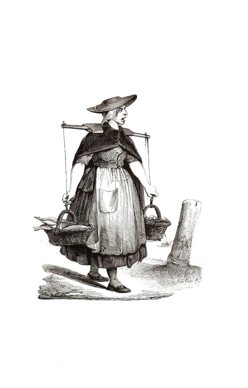 Types from Holland around 1841, De visvrouw van Arnemuide, Die Fischfrau von Arnemuiden, Netherlands, authentic, digitally restored reproduction from a 19th-century model, exact date of depiction unknown, historical