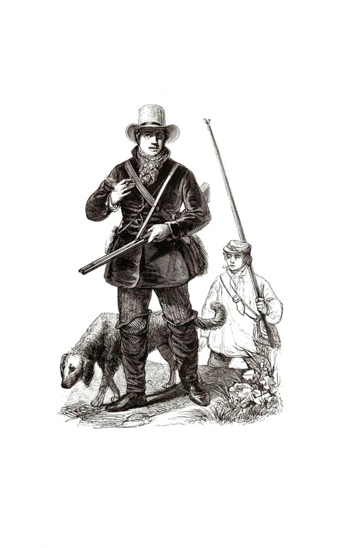 Types from Holland around 1841, leisure hunters, hobby hunters or leisure hunters, the Netherlands, authentic, digitally restored reproduction from a 19th century original, exact date of depiction unknown, historical