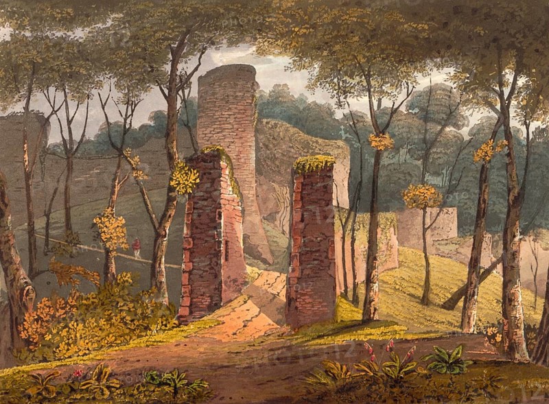 Entrance to Coningsborough Castle, 1825, medieval castle ruins in the village of Conisbrough in the English administrative district of South Yorkshire, England, authentic, digitally restored reproduction from a 19th-century model, exact date of depiction unknown, historical