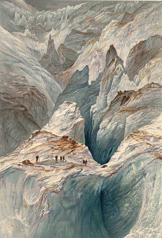 The Mer de Glace, the largest glacier in France, is characterized by extreme crevasses, in the area of the Mer de Glace and the Glacier Tongue, 1867, France, authentic, digitally restored reproduction from a 19th century original, exact date of presentation unknown, historical