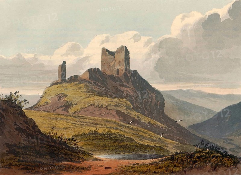 Dolwyddelan Castle, around 1850, castle ruins in Conwy in Wales, authentic, digitally restored reproduction from a 19th century model, exact date of depiction unknown, historical
