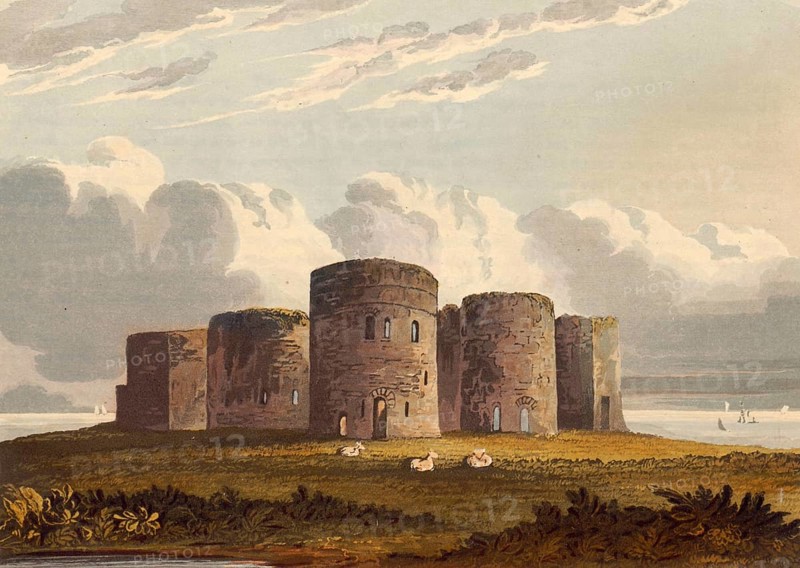 Cambus Castle, Knock Castle, also known as Caisteal Chamuis (Castle Camus), is a castle on the Scottish Isle of Skye, Scotland, authentic, digitally restored reproduction from a 19th century original, exact date of depiction unknown, Historic