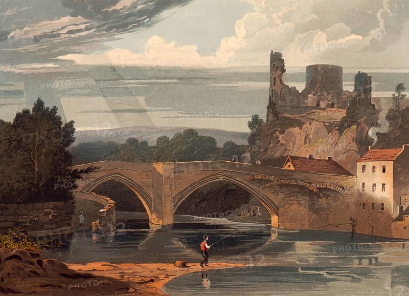 Barnard Castle, castle in County Durham in northern England with bridge over the Tees, around 1850, England, authentic, digitally restored reproduction from a 19th century model, exact date of depiction unknown, historical