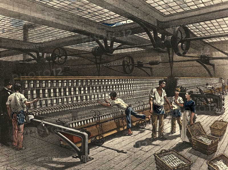 Textile processing industrial plant around 1890, mechanical spinning or machine spinning. It describes the industrial process or factory for producing yarns using machines, authentic, digitally restored reproduction from a 19th century original, exact date of presentation unknown, historical