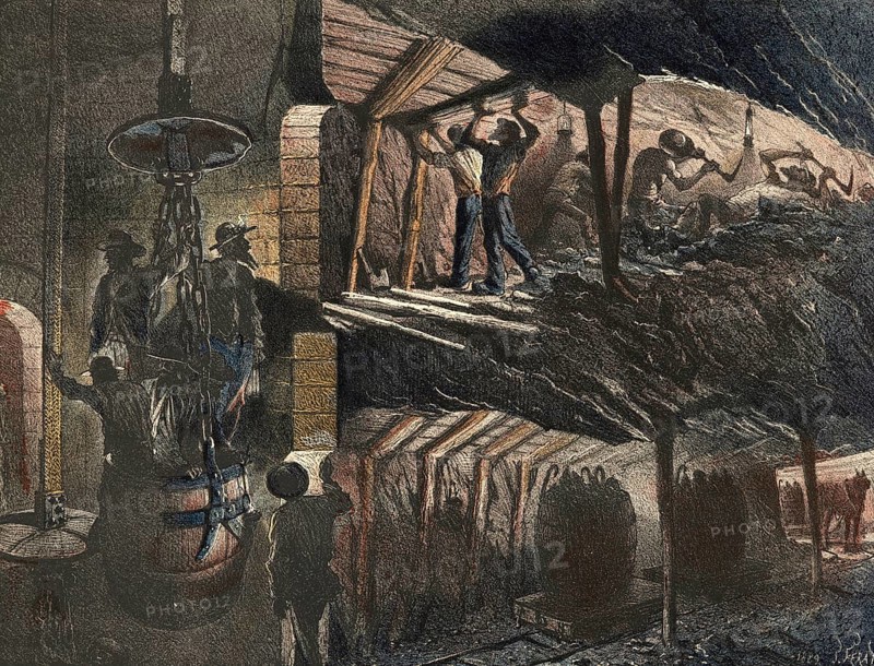 Industrial plant around 1890, mine, underground mining, authentic, digitally restored reproduction from a 19th century original, exact date of depiction unknown, historical