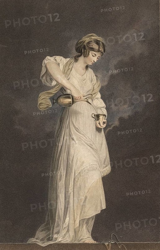 The virtues: temperance, standing female figure in antiquing clothing, depiction of the virtue of the same name, which is often symbolized by mixing water and wine, authentic, digitally restored reproduction from a 19th-century model, exact date of depiction unknown, historical