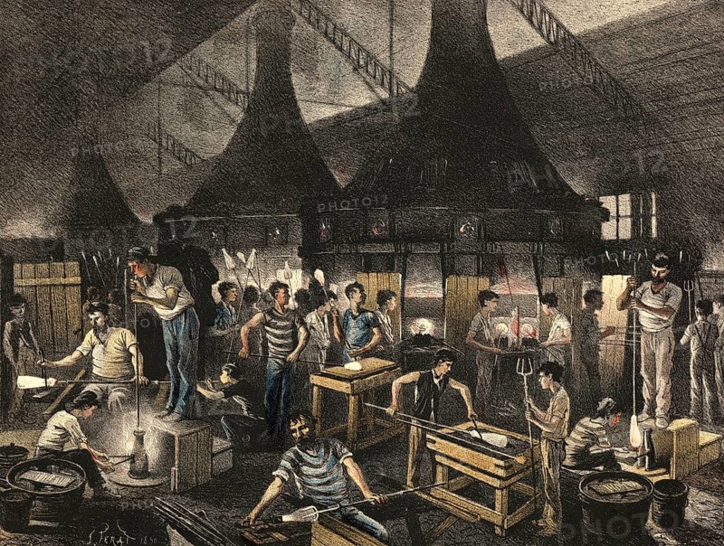 Industrial plant around 1890, glass blower, glass factory, authentic, digitally restored reproduction from a 19th century original, exact date of presentation unknown, historical