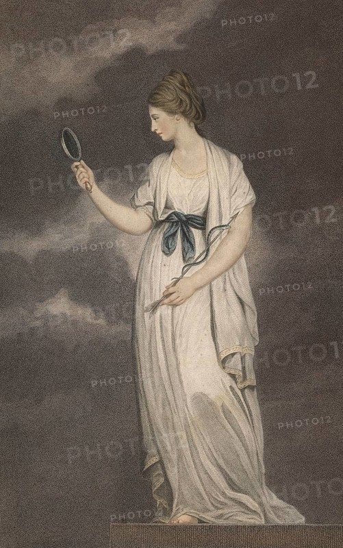 The virtues: Prudence, mythological figure of Prudence traditionally associated with a mirror and a snake, authentic, digitally restored reproduction from a 19th-century model, exact date of depiction unknown, historical