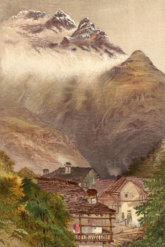 In Cormayeur, a village in the autonomous region of the Aosta Valley in the Italian Alps, around 1860, Italy, authentic, digitally restored reproduction from a 19th century model, exact date of presentation unknown, historical