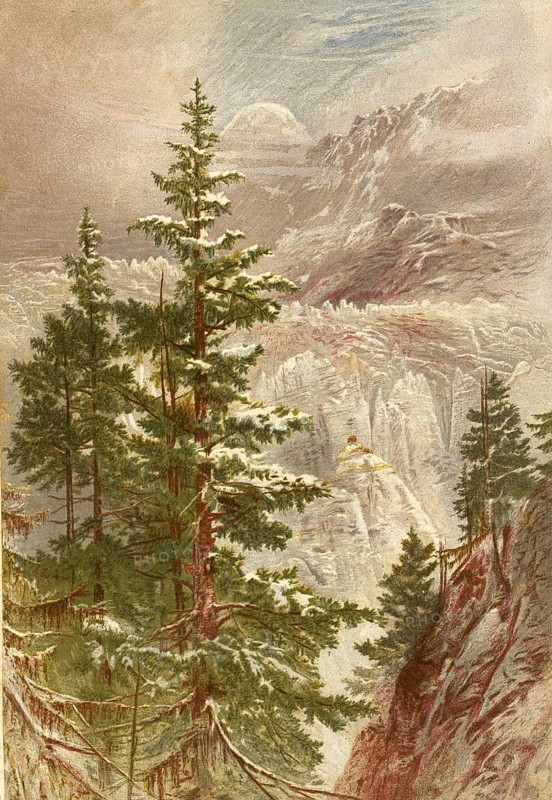With a length of approx. 12.9 km, the Gorner Glacier is the third longest glacier in the Alps. It is located southeast of Zermatt in the Monte Rosa massif, around 1860, Switzerland, authentic, digitally restored reproduction from a 19th century model, exact date of depiction unknown, historical