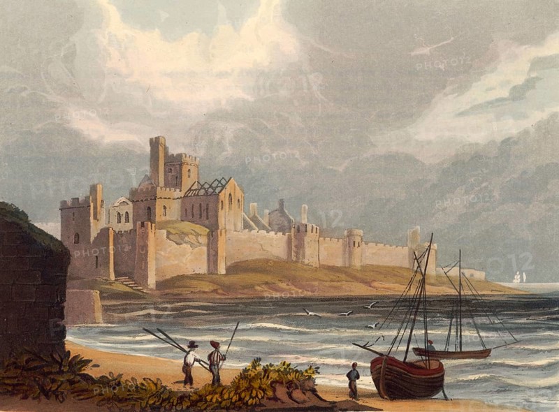 Peel Castle is a castle ruin in Peel on the British Isle of Man, originally built by the Vikings, around 1860, England, authentic, digitally restored reproduction from a 19th-century model, exact date of depiction unknown, historical