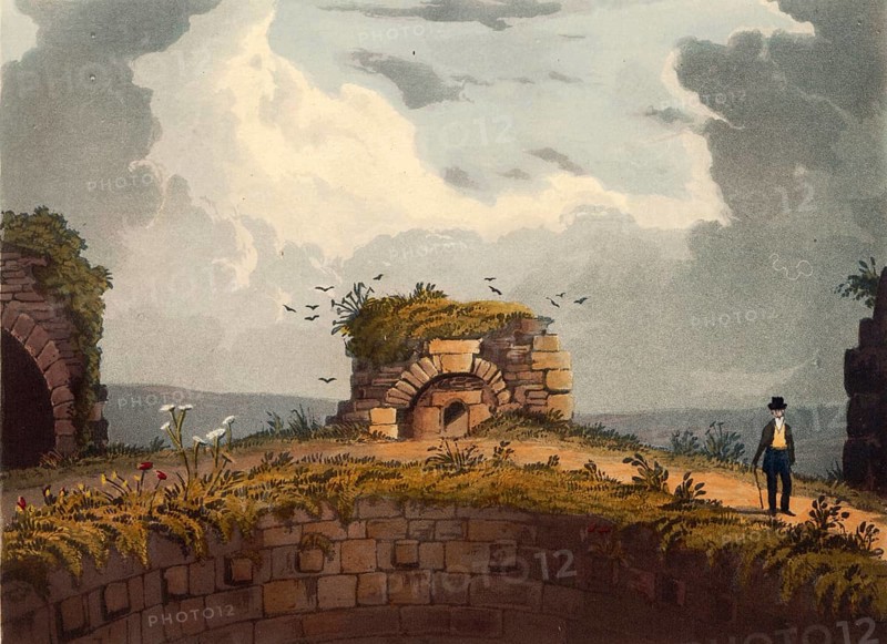 Furnace on the summit of Coningsborough Castle, medieval castle ruins in the village of Conisbrough in the English administrative district of South Yorkshire, England, authentic, digitally restored reproduction from a 19th-century original, exact date of depiction unknown, historical