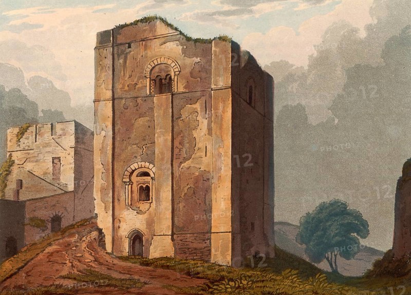 Watch tower of Goodrich Castle around 1840, medieval castle ruins from Norman times, north of the village of Goodrich in the English county of Herefordshire, England, authentic, digitally restored reproduction from a 19th-century model, exact date of depiction unknown, historical