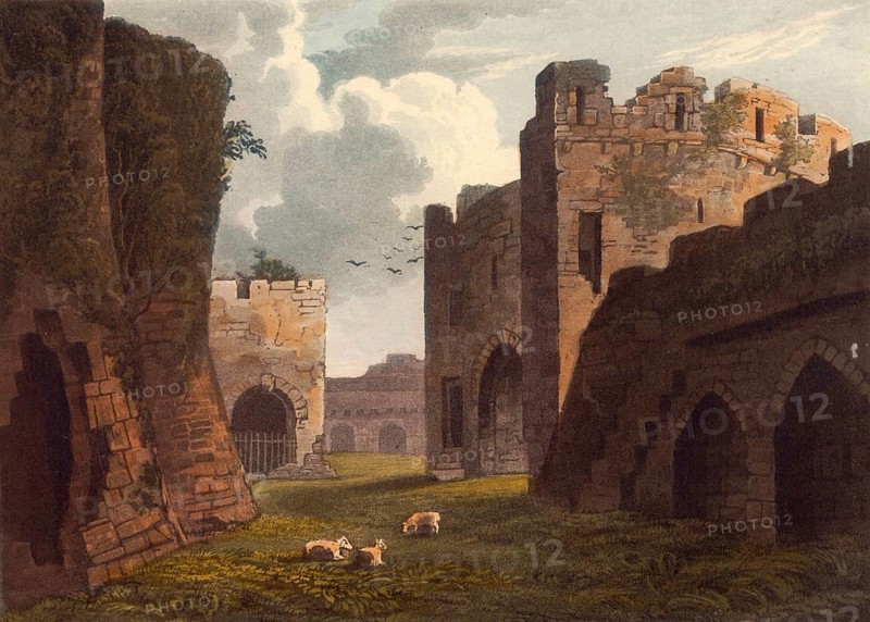 Courtyard of Beaumaris Castle around 1850, ruin of a castle in the town of the same name on the island of Anglesey in Wales, authentic, digitally restored reproduction from a 19th century model, exact date of depiction unknown, historical