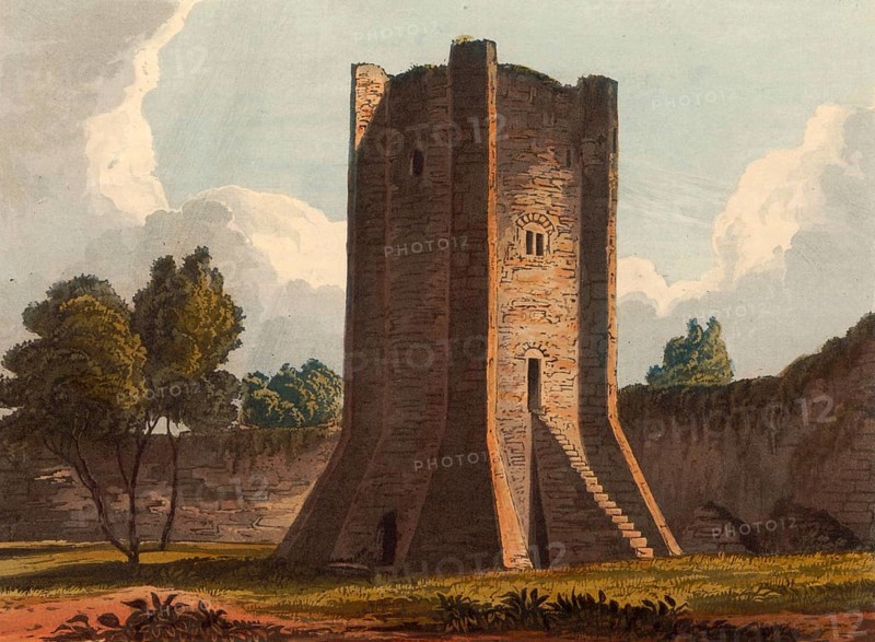 Coningsborough Castle watchtower, around 1840, medieval castle ruins in the village of Conisbrough in the English administrative district of South Yorkshire, England, authentic, digitally restored reproduction from a 19th-century model, exact date of depiction unknown, historical