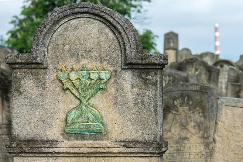 Coloured relief of a five-armed candleholder on a tombstone, Jewish cemetery, since 1866, Czernowicz, Bukovina, Ukraine