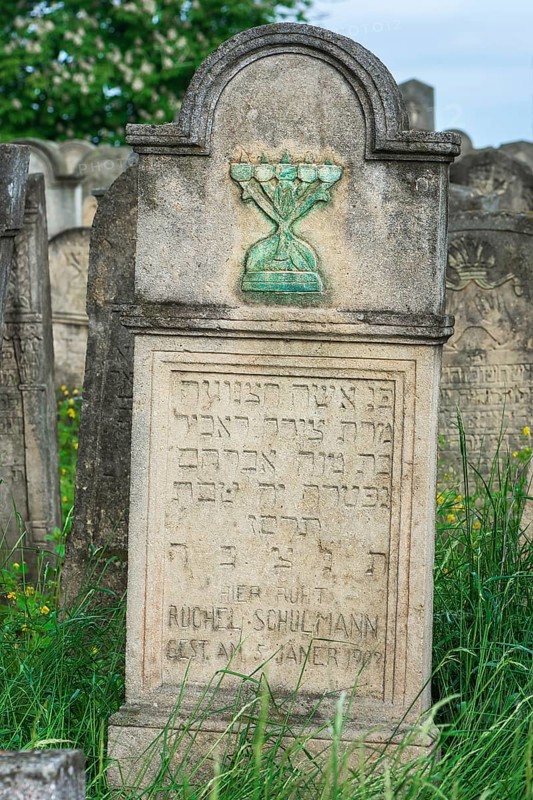 Tombstone with coloured five-armed chandelier, Jewish cemetery, since 1866, Czernowicz, Bukovina, Ukraine