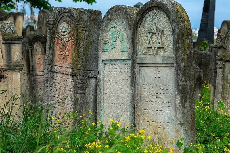 Tombstone with fabulous reliefs of various Jewish symbols, Jewish cemetery, since 1866, Czernowicz, Bukovina, Ukraine