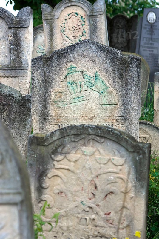 Tombstone with fabulous reliefs of various Jewish symbols, Jewish cemetery, since 1866, Czernowicz, Bukovina, Ukraine