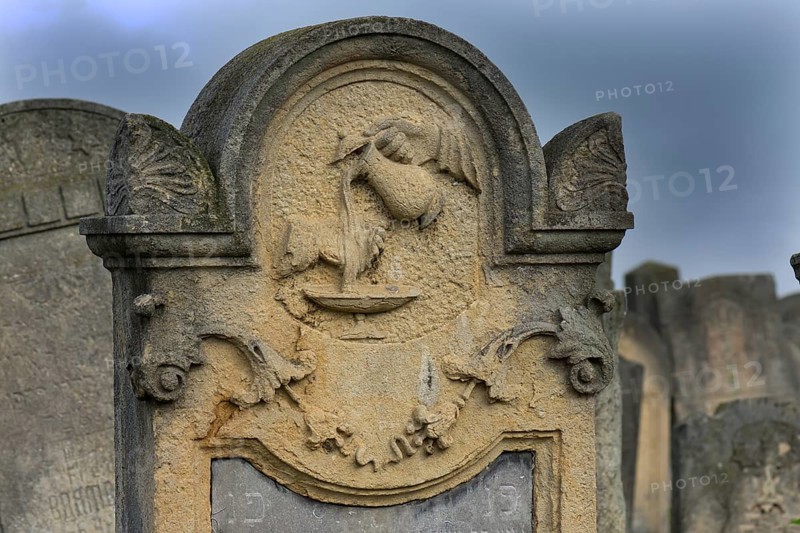 Tombstone with relief of a Levite pot, Jewish cemetery, since 1866, Czernowicz, Bukovina, Ukraine
