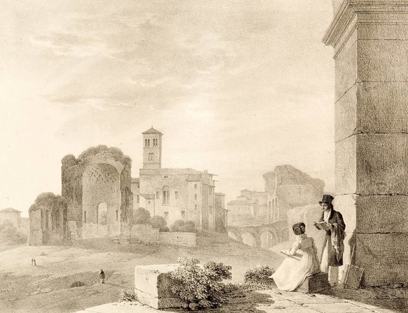 Campo Vaccino, cow pasture, 1820, the ancient Roman Forum in Rome, Italy, authentic, digitally restored reproduction from a 19th century model, exact date of presentation unknown, historical