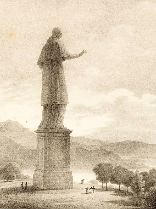 Saint Charles Borromeo, San Carlo Borromeo, 1538 to 1584, Milanese archbishop of the Counter-Reformation. On Lake Maggiore, near his birthplace of Arona, the San Carlone, a huge copper and bronze statue accessible from the inside, commemorates him, around 1850, Italy, authentic, digitally restored reproduction from a 19th century model, exact date of depiction unknown, historical