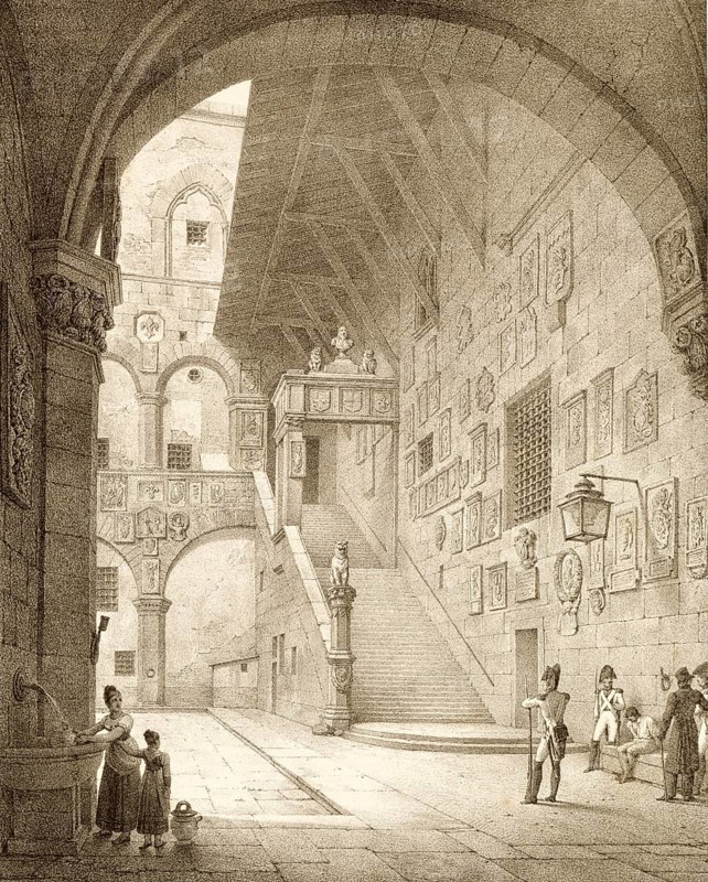 Cour des Prisons, prison courtyard, historic courtyard of the Palazzo del Bargello, which served as a notorious city prison for centuries, around 1860, Florence, Italy, authentic, digitally restored reproduction from a 19th century model, exact date of presentation unknown, historical