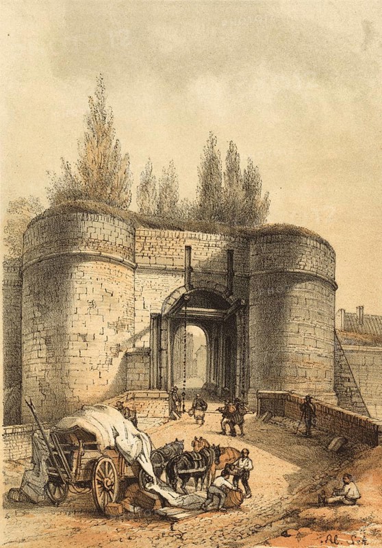 Porte de Tongres, Tongersepoort, was an important medieval city gate in Maastricht, which no longer exists as a building, around 1850, Holland, authentic, digitally restored reproduction from a 19th century model, exact date of presentation unknown, historical