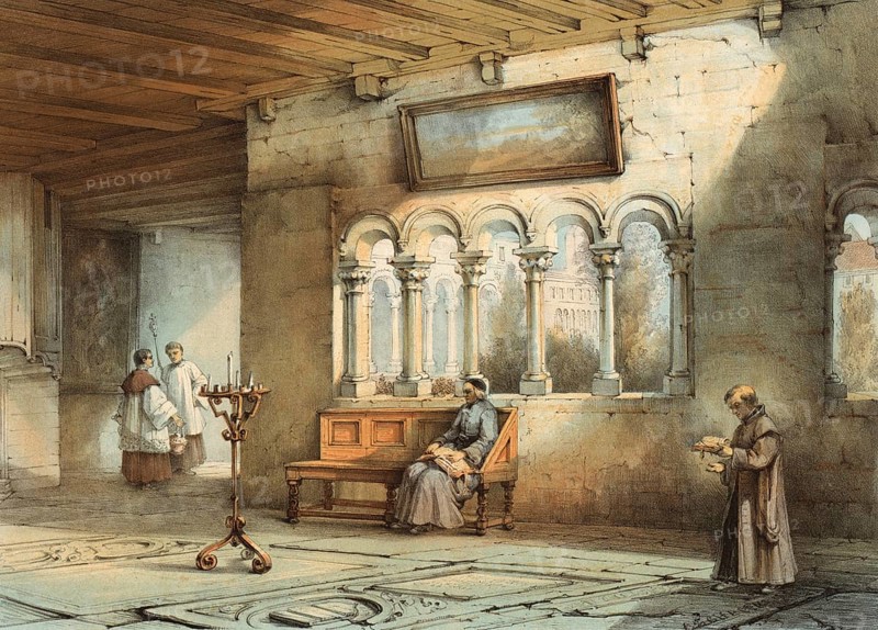 Cloister of the Basilica of Our Lady, Onze-Lieve-Vrouwebasiliek, in Tongeren, around 1860, Belgium, authentic, digitally restored reproduction from a 19th-century model, exact date of depiction unknown, historical