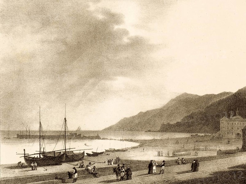 The port of Salerne, Salerno, 1830, port city southeast of Naples in Italy, authentic, digitally restored reproduction from a 19th century model, exact date of depiction unknown, historical